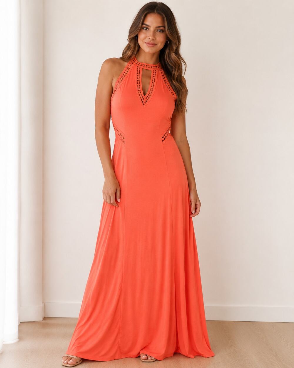 GUESS Coral Orange Maxi Dress L Crochet Cutout Halter Open Back Boho Resort